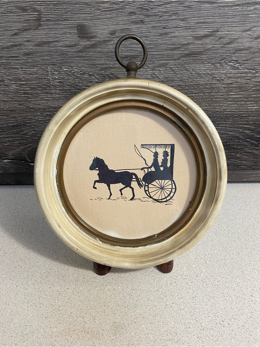 Vintage Silhouette Picture in Frame Carriage Stage Coach Horse Antique 6” Round